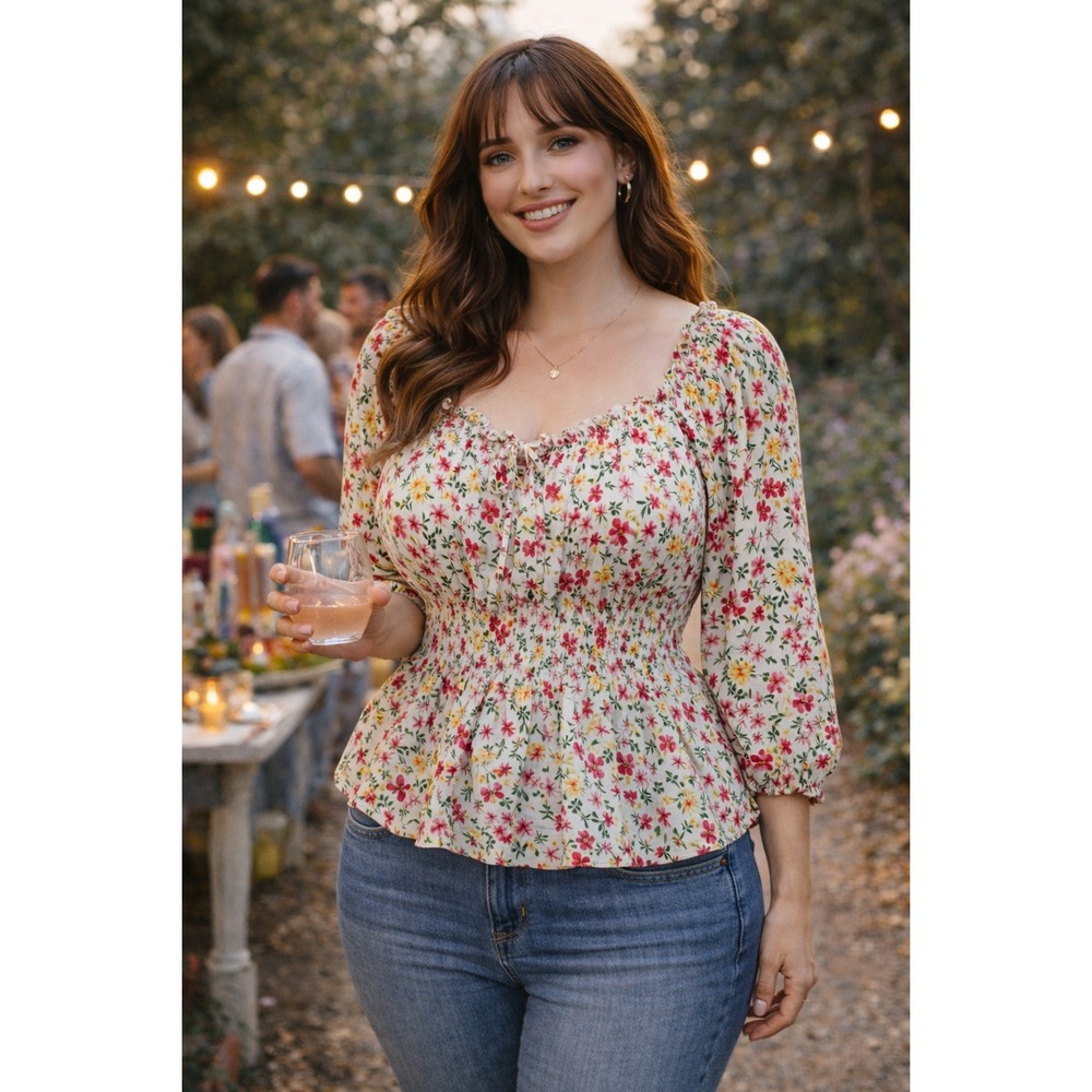Boho Cottagecore Summer Babydoll Fairy Pink Yellow Floral Peasant Prairie 2X Top